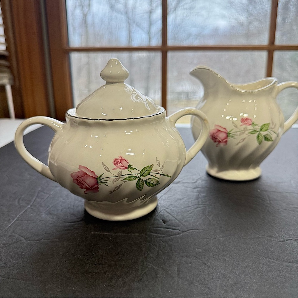 Vtg Dorset Scio Pink Rose Platinum Trim Dual Handle Sugar Bowl Cover & Creamer
